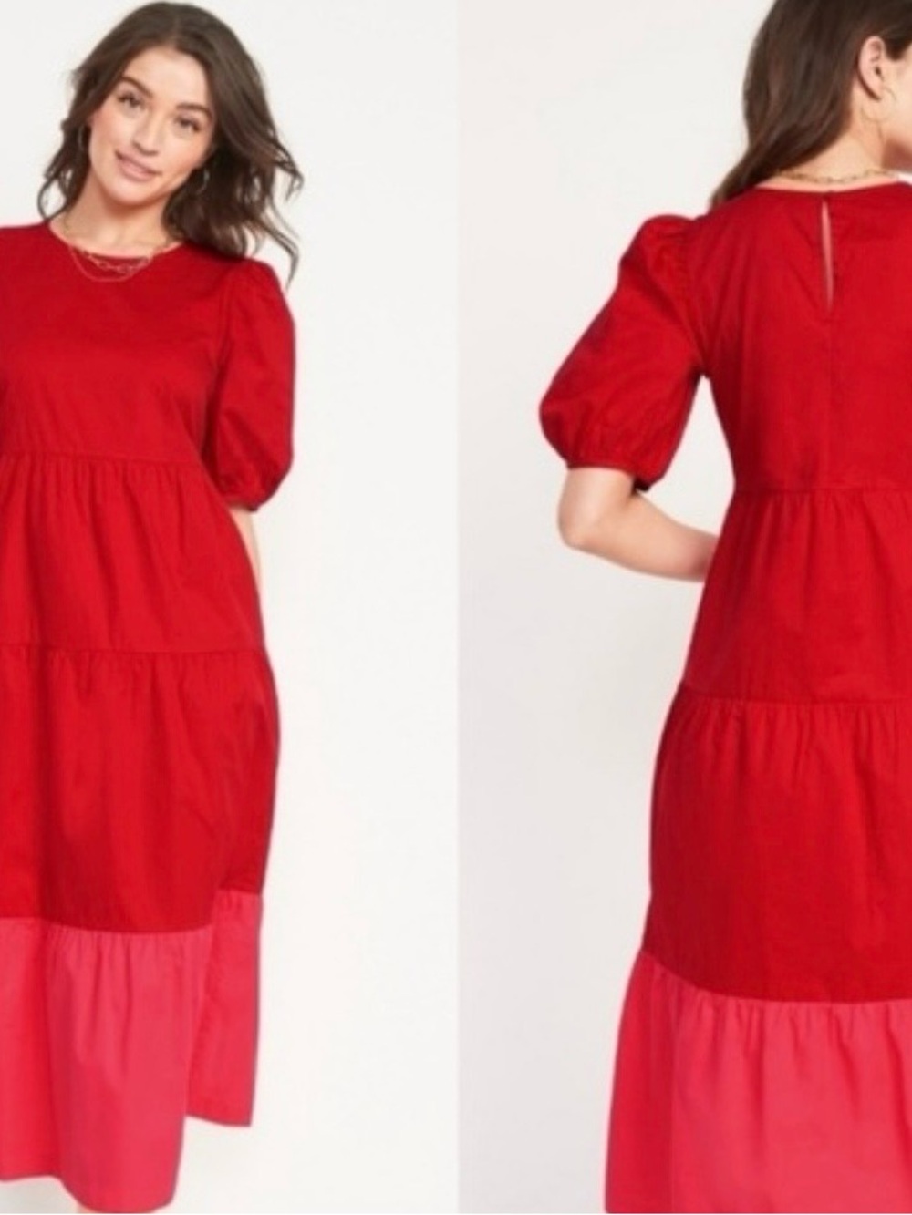 Old Navy Red Two-Tone Tiered Puff-Sleeve Maxi Dress